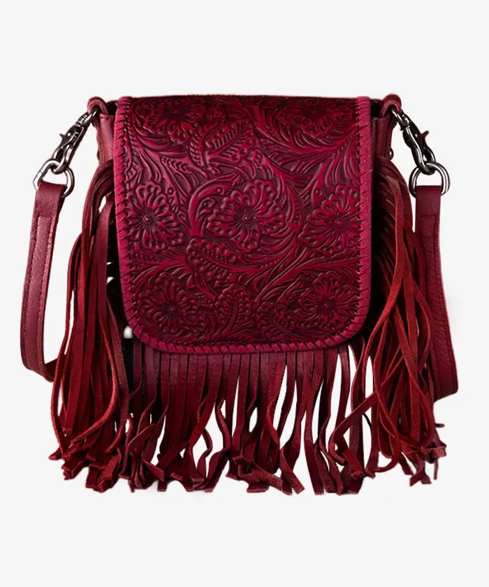 Montana West Genuine Leather Floral Fringe Crossbody