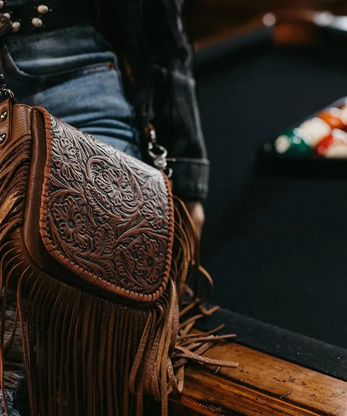 Montana West Genuine Leather Floral Fringe Crossbody