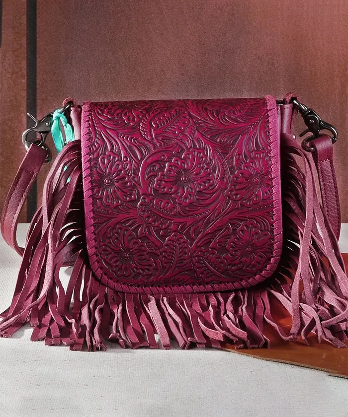 Montana West Genuine Leather Floral Fringe Crossbody