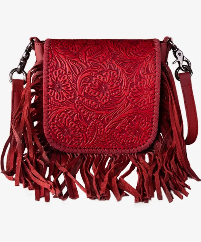 Montana West Genuine Leather Floral Fringe Crossbody