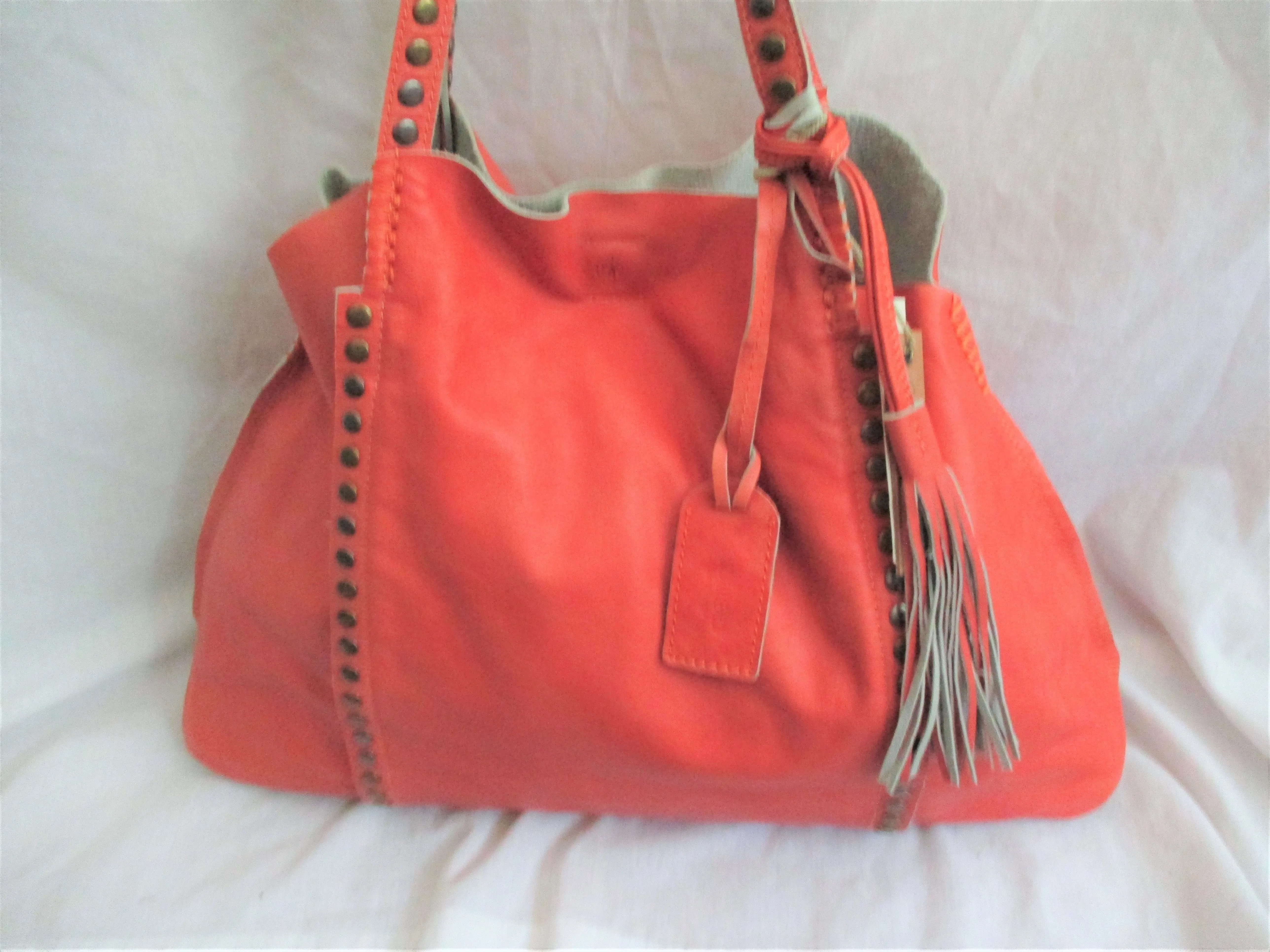 NEW NWT OLD TREND Leather Satchel Shoulder Bag Stud Fringe Tassel Boho PEACH