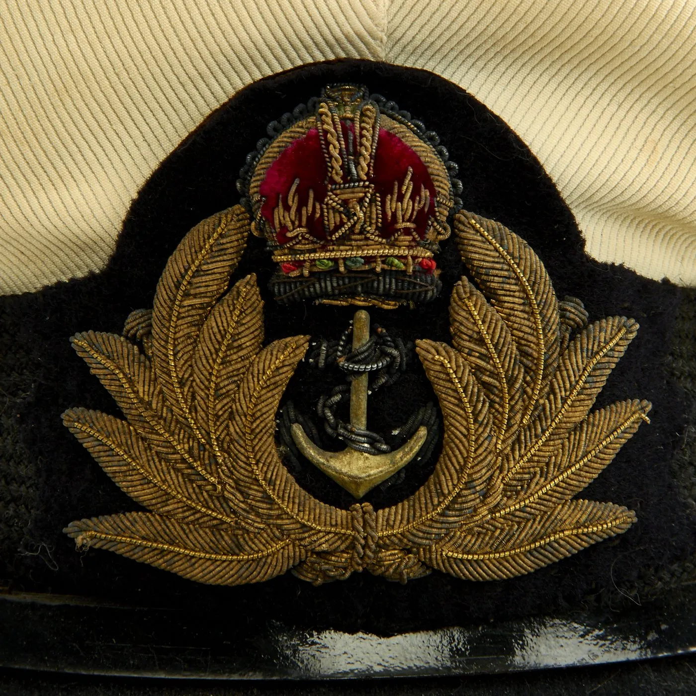 Original British WWII Royal Navy Officers Visor Cap by William Forsythe with Oak Leaves & White Cover