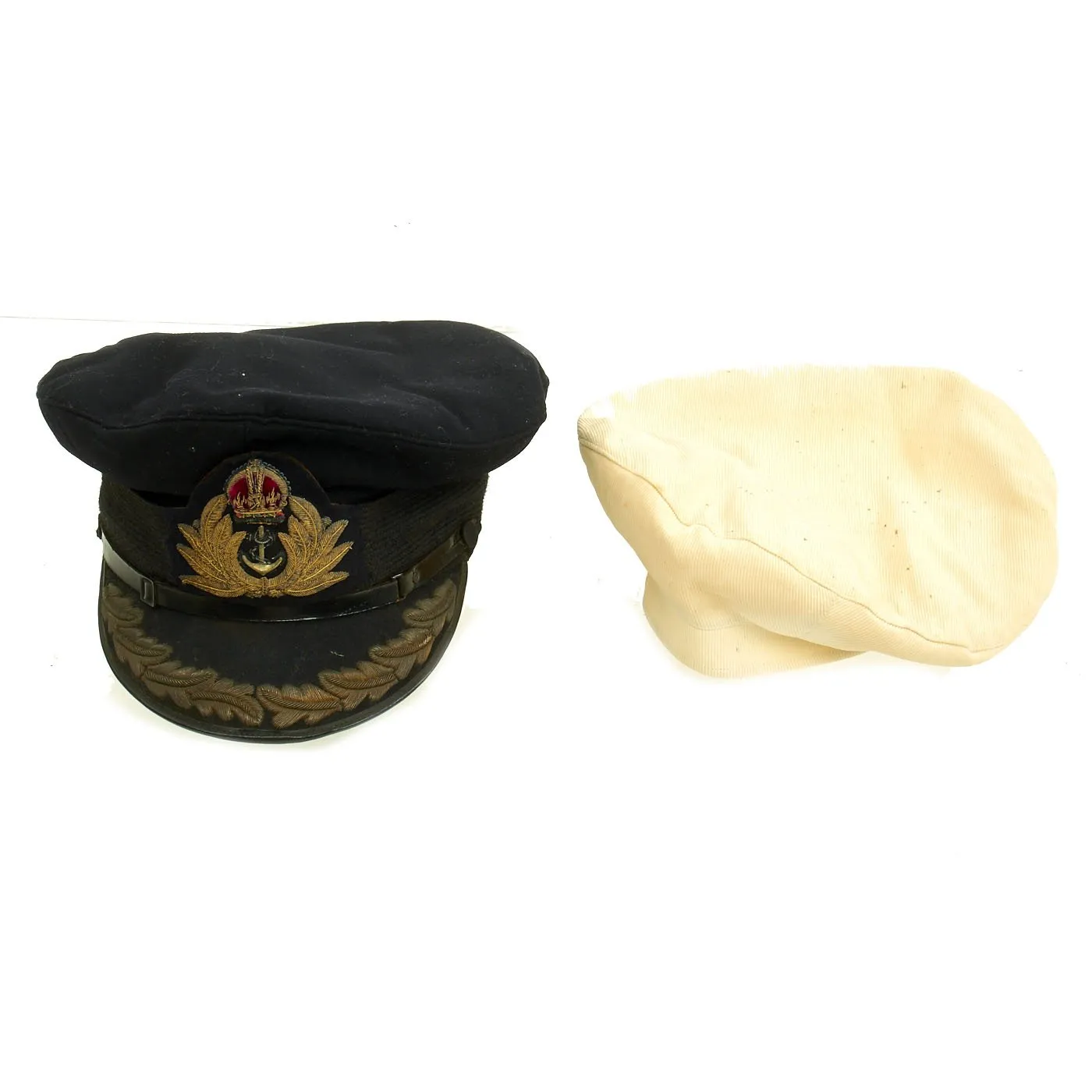 Original British WWII Royal Navy Officers Visor Cap by William Forsythe with Oak Leaves & White Cover