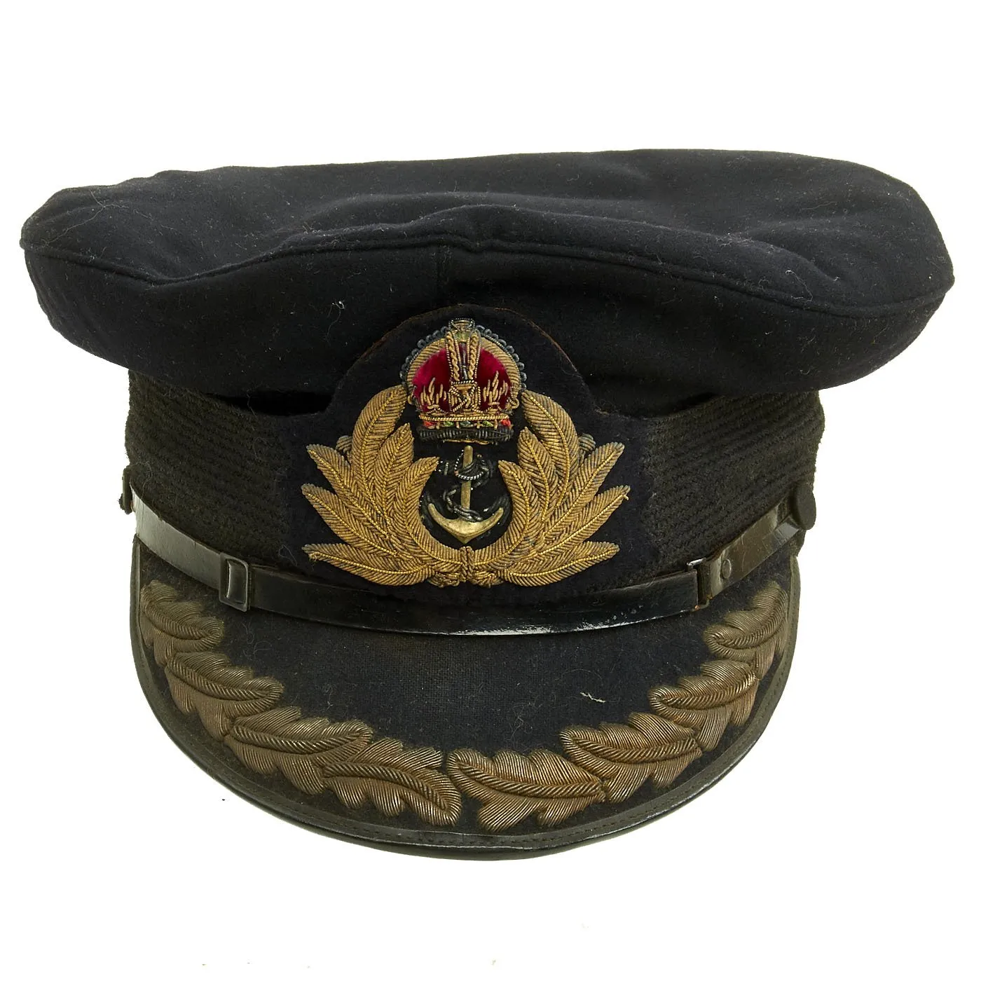 Original British WWII Royal Navy Officers Visor Cap by William Forsythe with Oak Leaves & White Cover