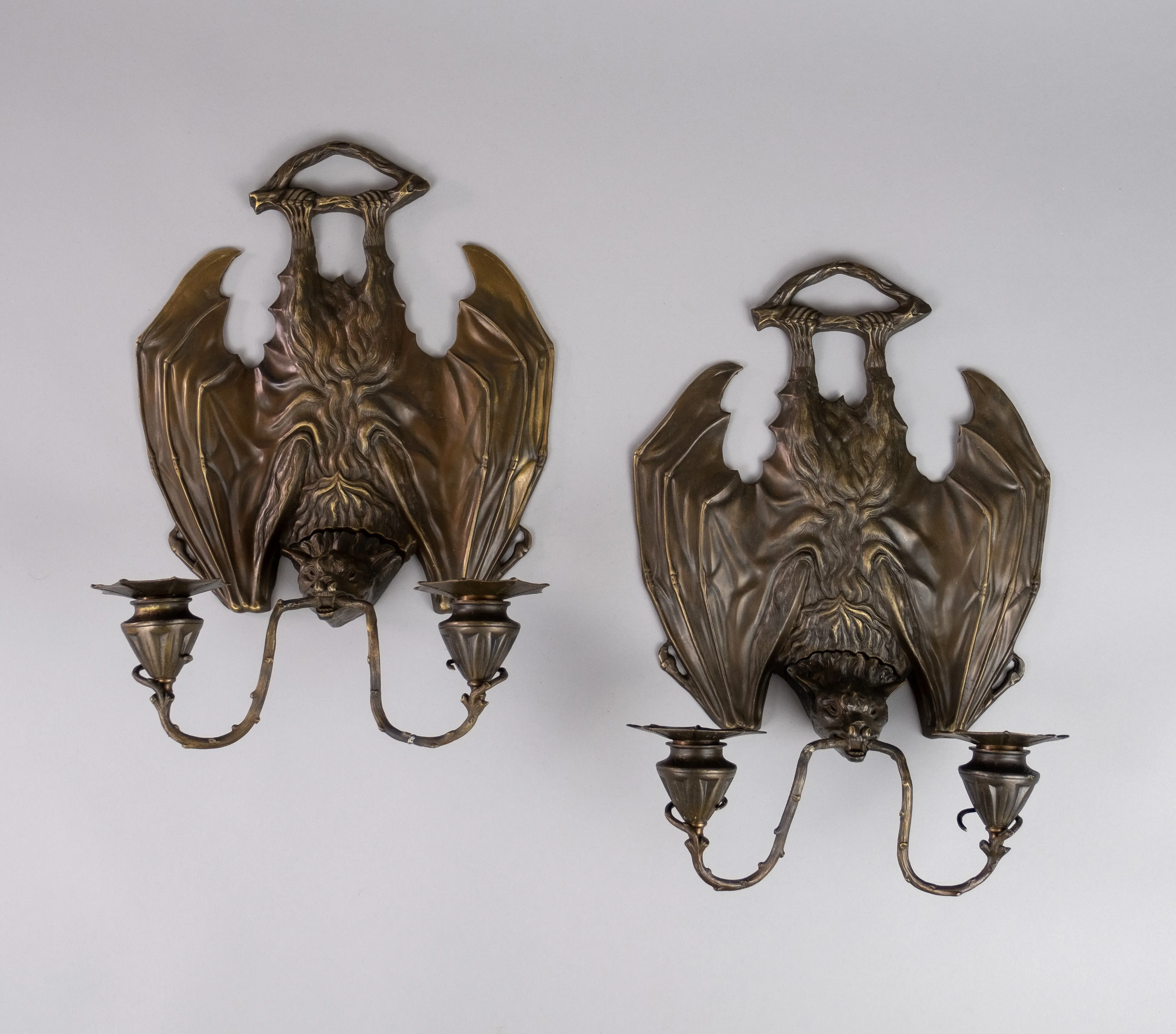 Pair Of Bronze Bat Wall Sconces After William Tonks & Sons For Liberty's.