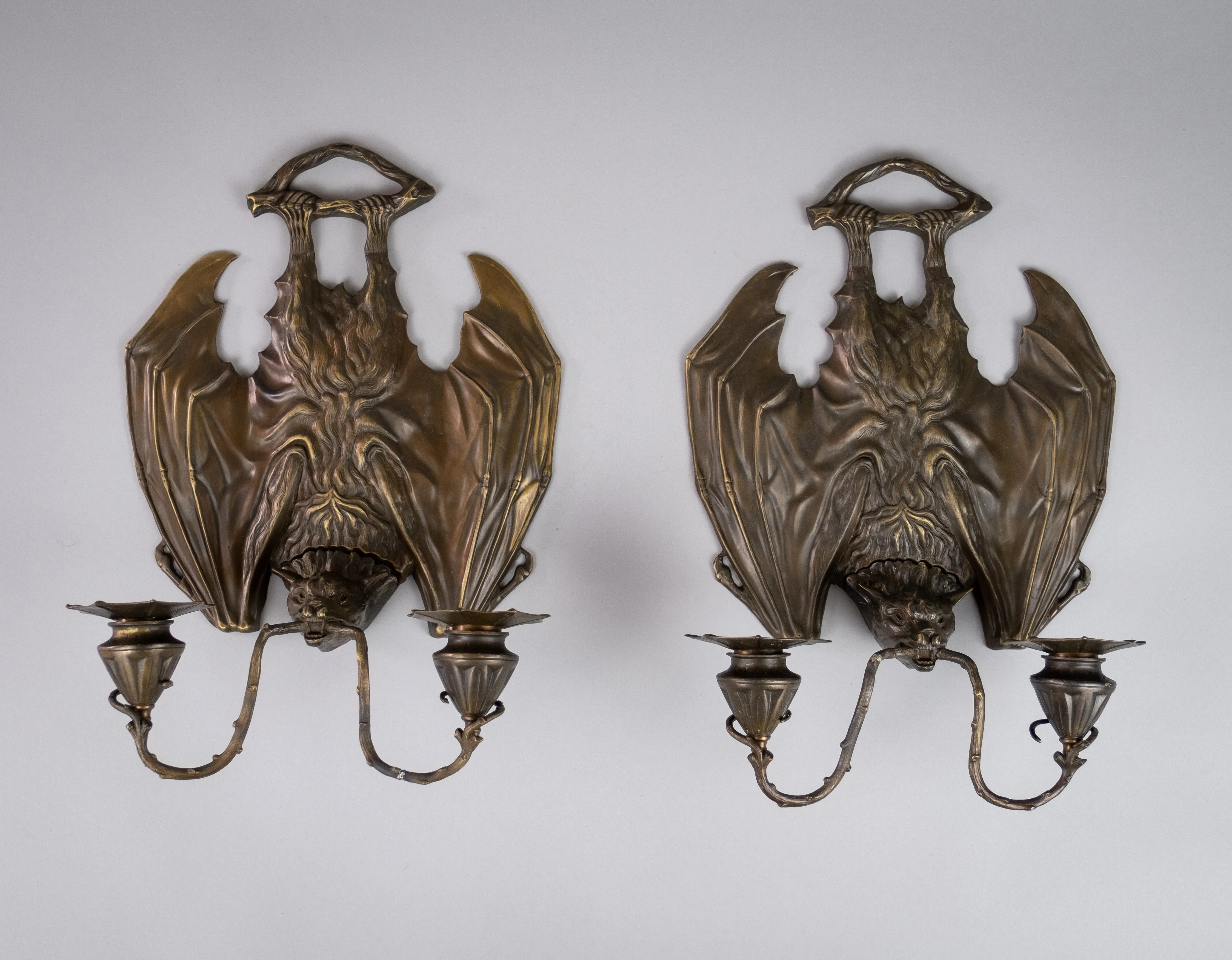 Pair Of Bronze Bat Wall Sconces After William Tonks & Sons For Liberty's.