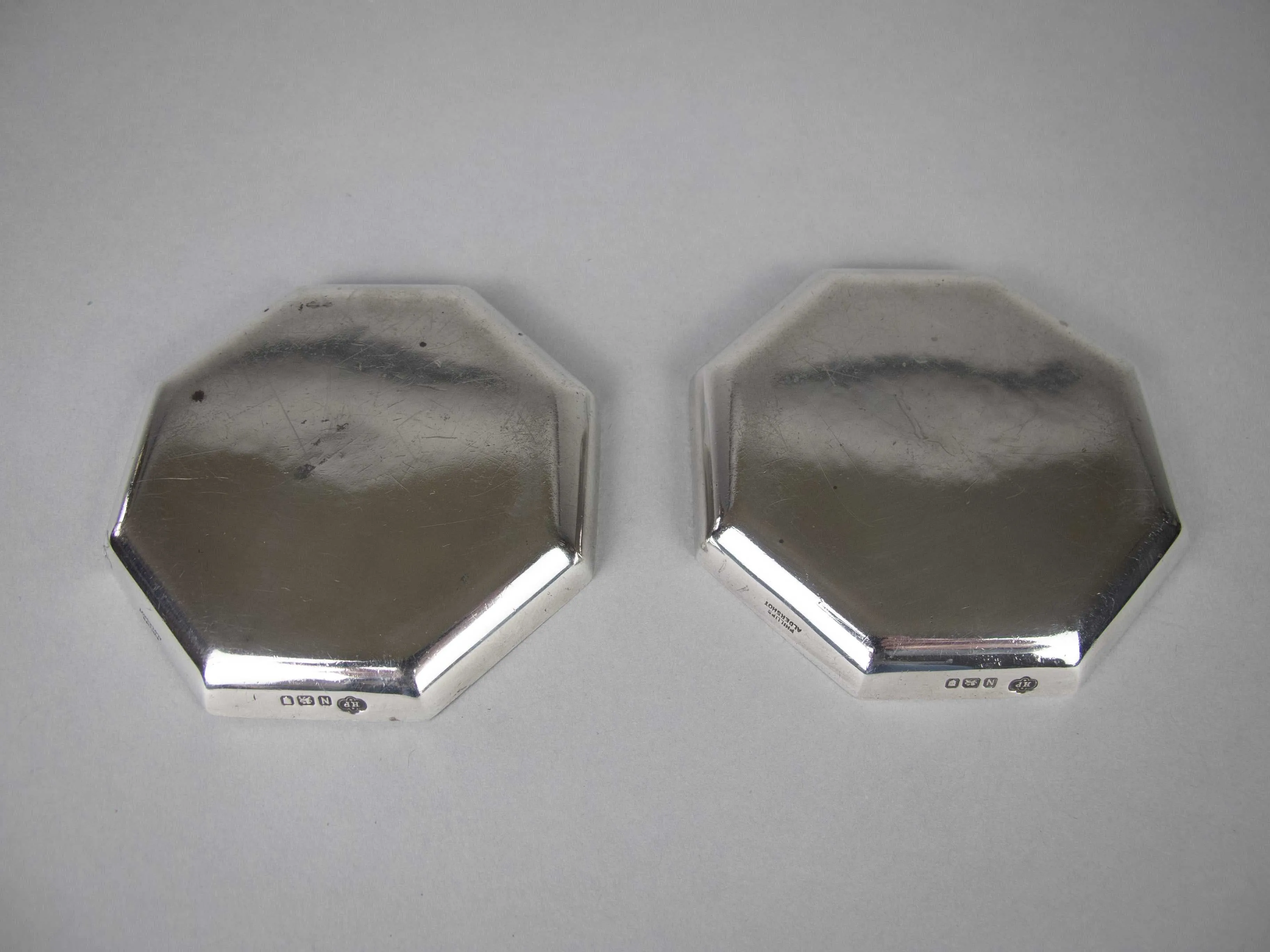 Pair of Silver Small Octagonal Trays by H Phillips Aldershot, London, 1948.