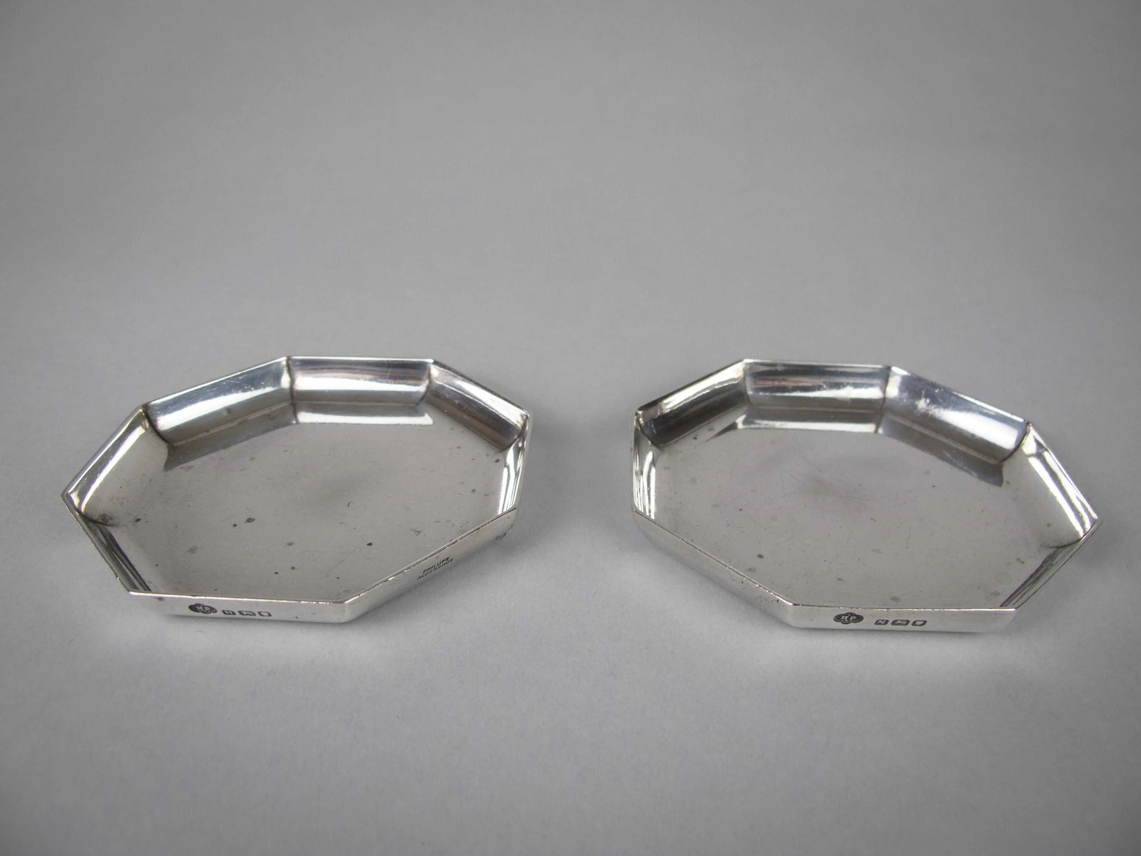 Pair of Silver Small Octagonal Trays by H Phillips Aldershot, London, 1948.