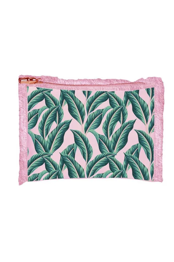 Palm Leaf Linen Fringe Zipper Pouch