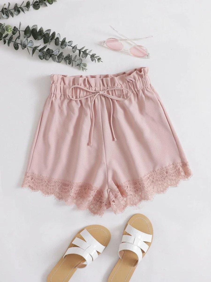 Paperbag Waist Tie Front Eyelash Lace Trim Shorts