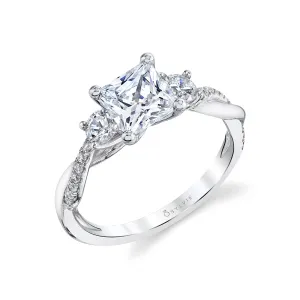 Princess Cut Three Stone Twist Engagement Ring - Evangeline Platinum White