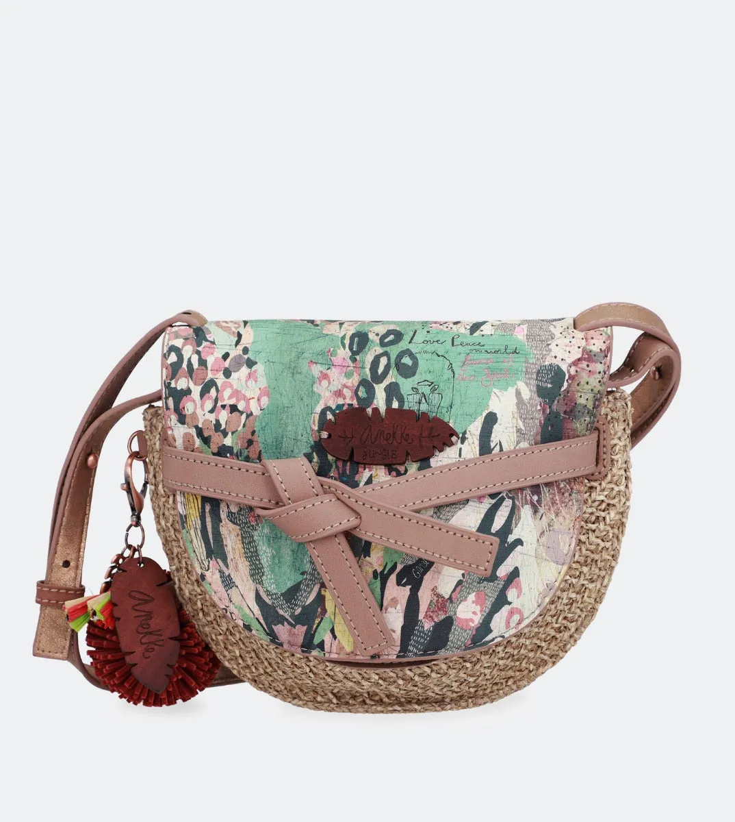 Printed raffia crossbody bag with a front flap