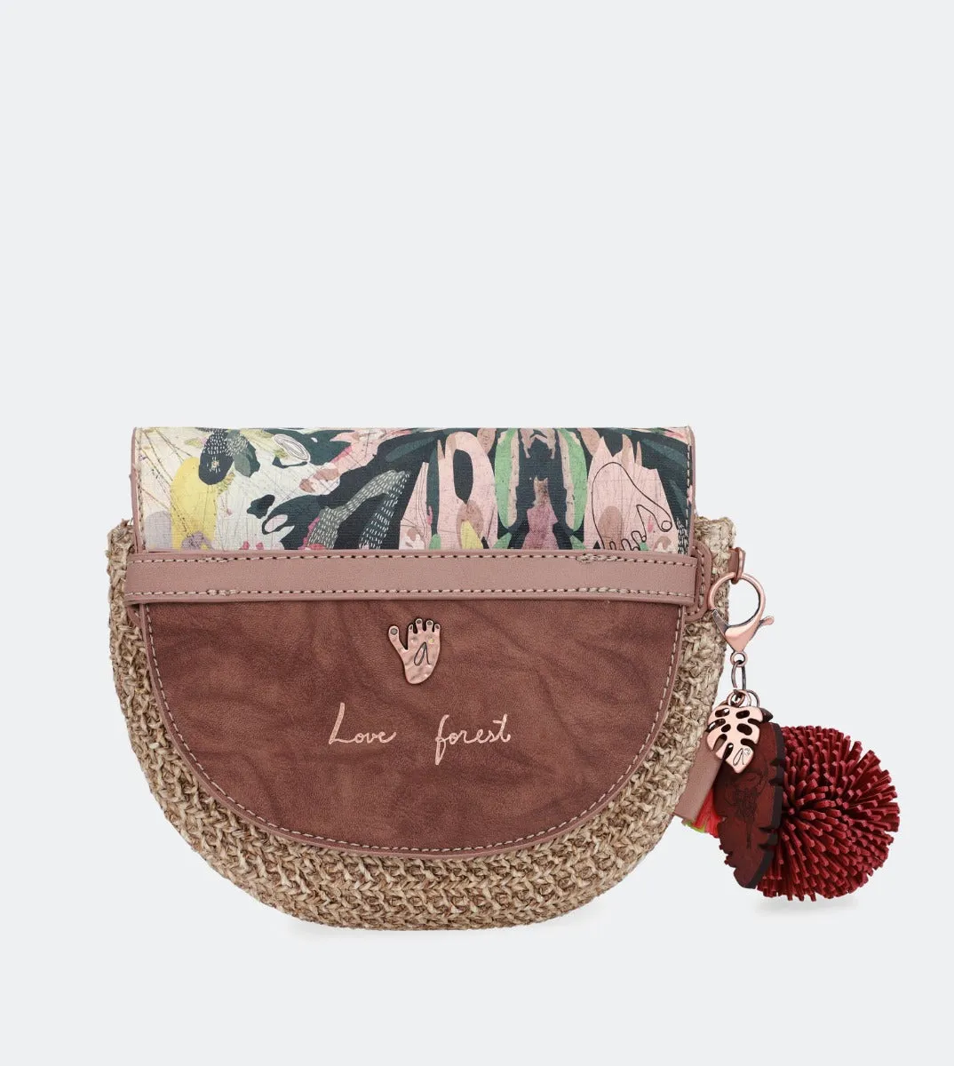 Printed raffia crossbody bag with a front flap