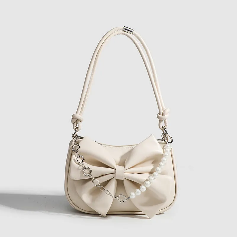 "Black & White PU Bow Handbag – Autumn/Winter Tote with Pearl Chain Detail"