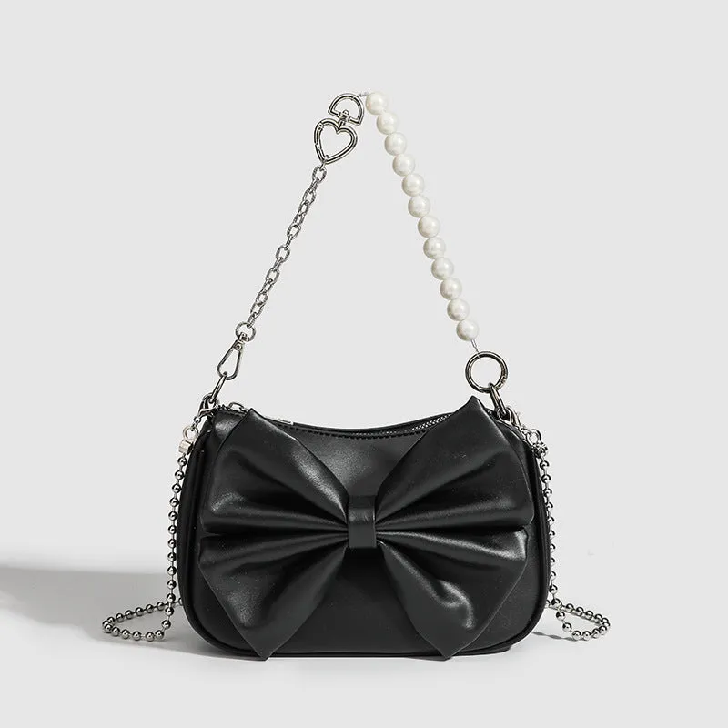 "Black & White PU Bow Handbag – Autumn/Winter Tote with Pearl Chain Detail"