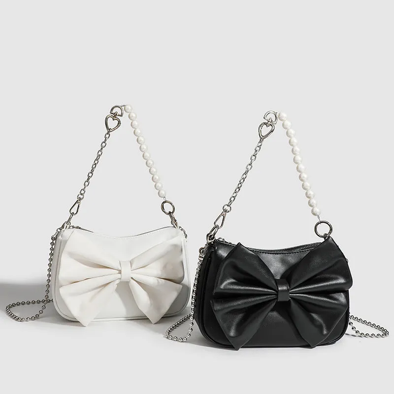 "Black & White PU Bow Handbag – Autumn/Winter Tote with Pearl Chain Detail"