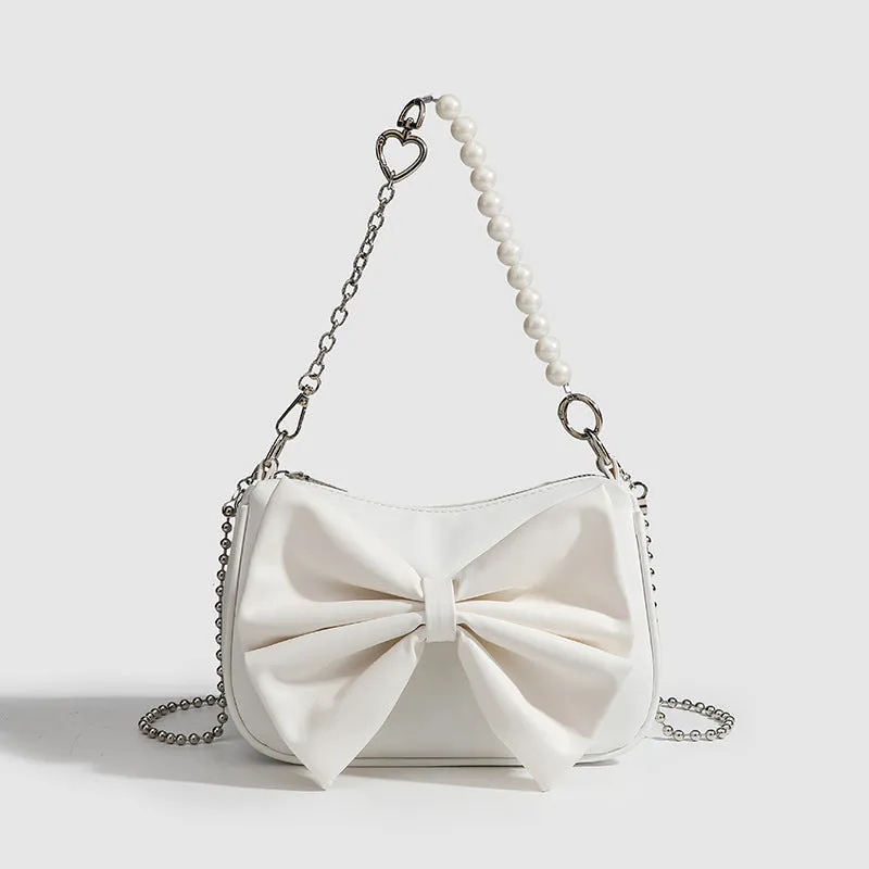 "Black & White PU Bow Handbag – Autumn/Winter Tote with Pearl Chain Detail"