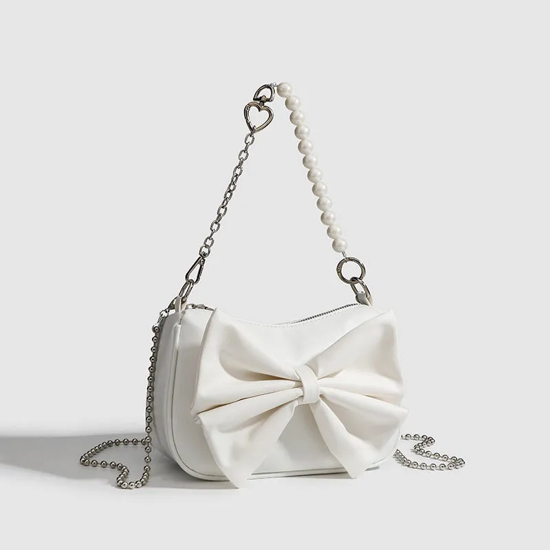 "Black & White PU Bow Handbag – Autumn/Winter Tote with Pearl Chain Detail"