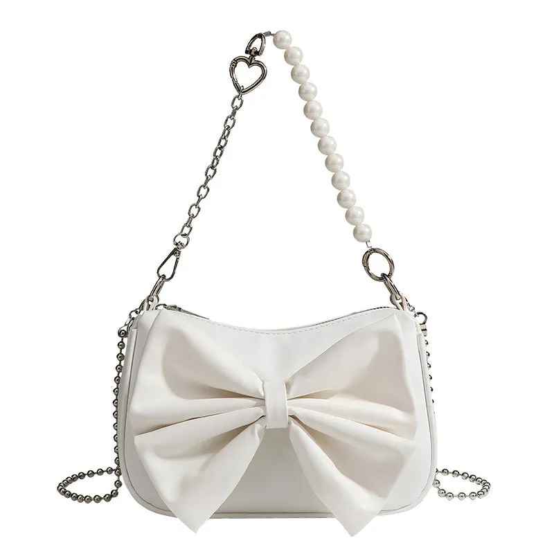 "Black & White PU Bow Handbag – Autumn/Winter Tote with Pearl Chain Detail"