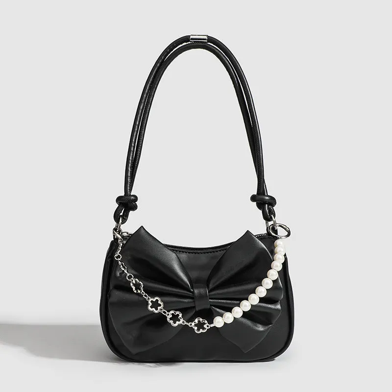 "Black & White PU Bow Handbag – Autumn/Winter Tote with Pearl Chain Detail"