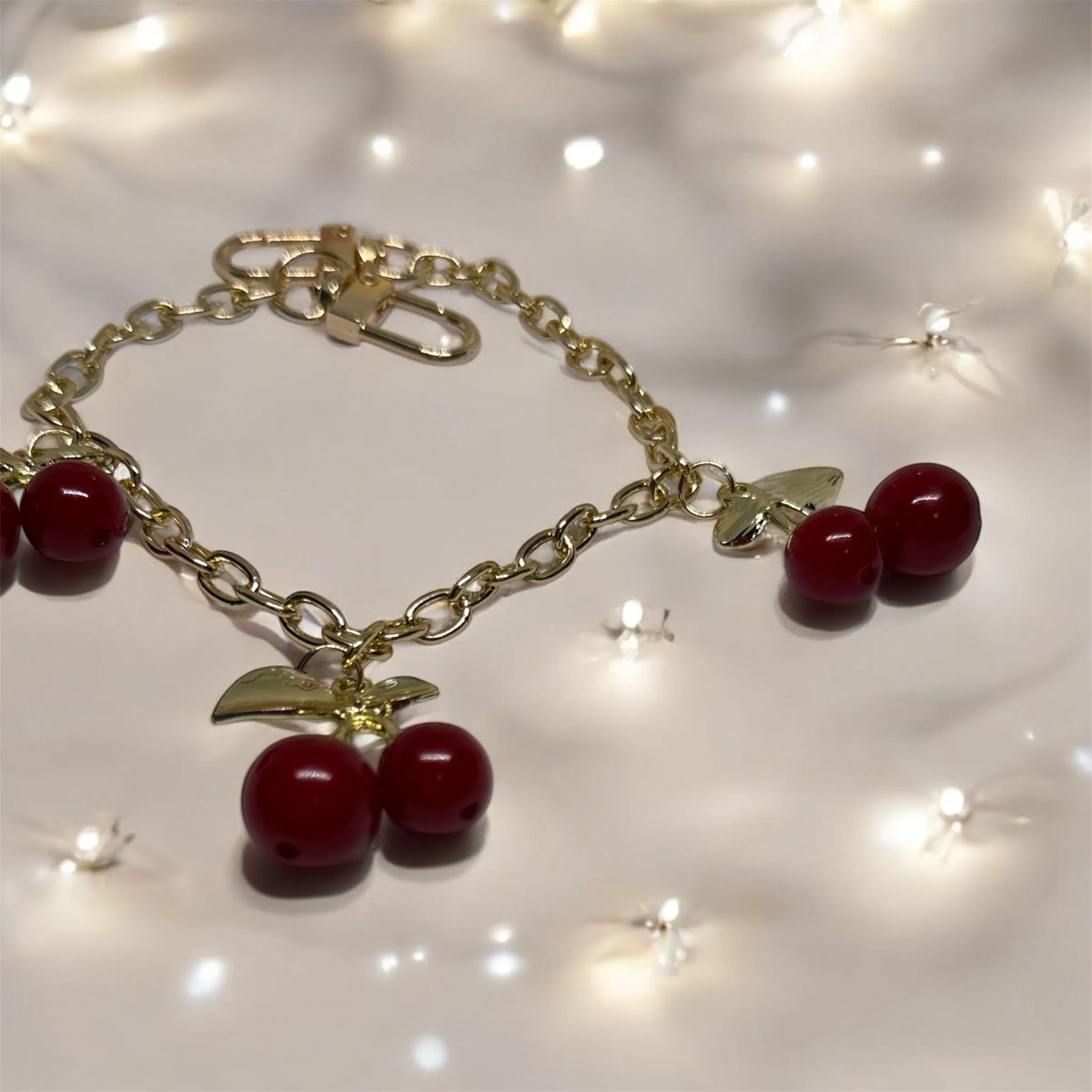 Red Cherry bag charm | key chain | golden chain with golden buckle | y2k chain | bag lover gift