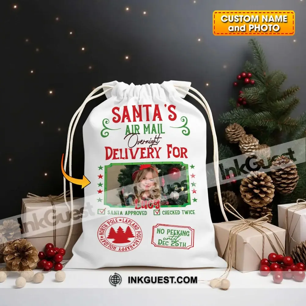 Santa Delivery Custom Photo And Name, Personalized String Bag, Christmas Gift