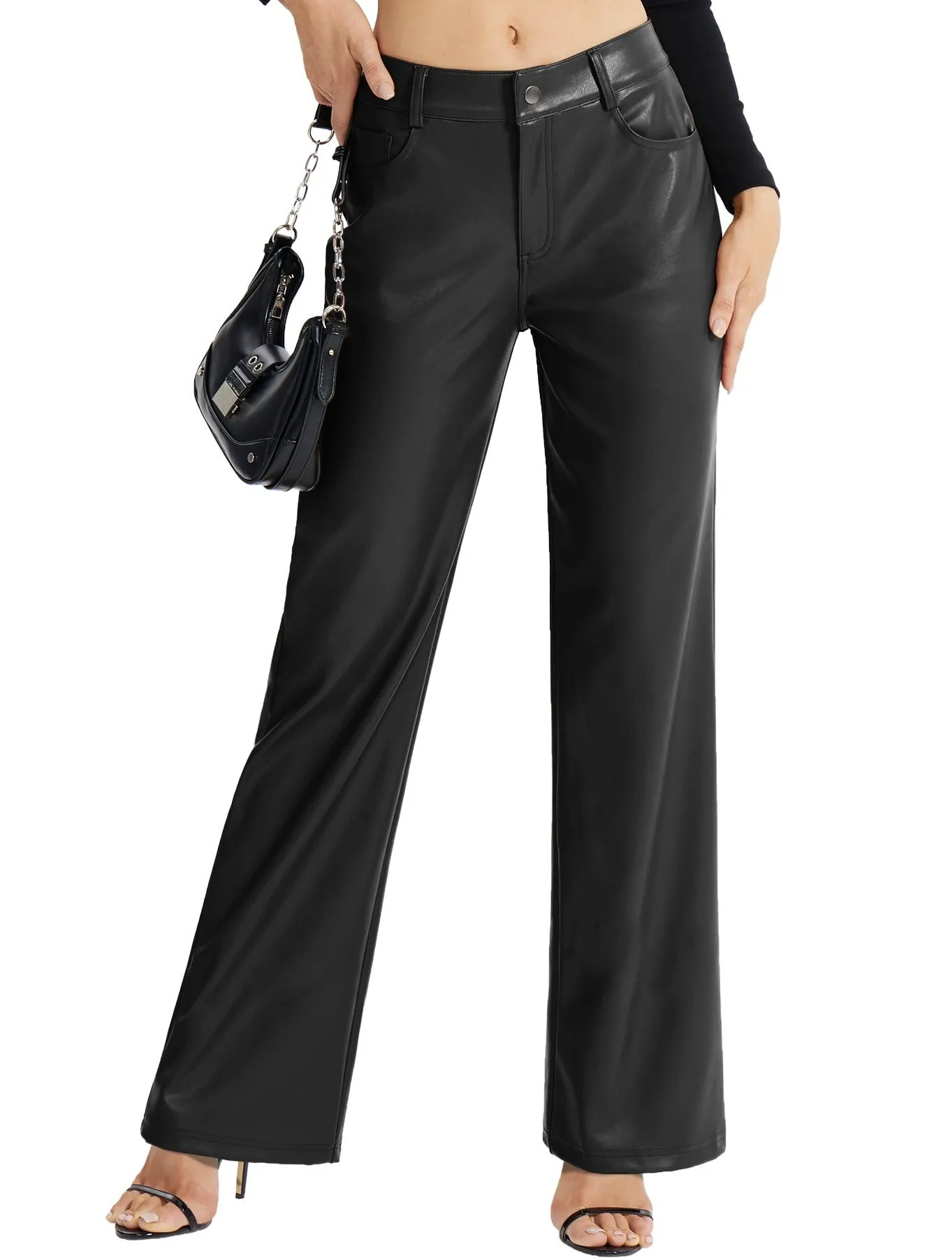 Step up your style game with our Women's Faux Leather Wide Leg Pants.