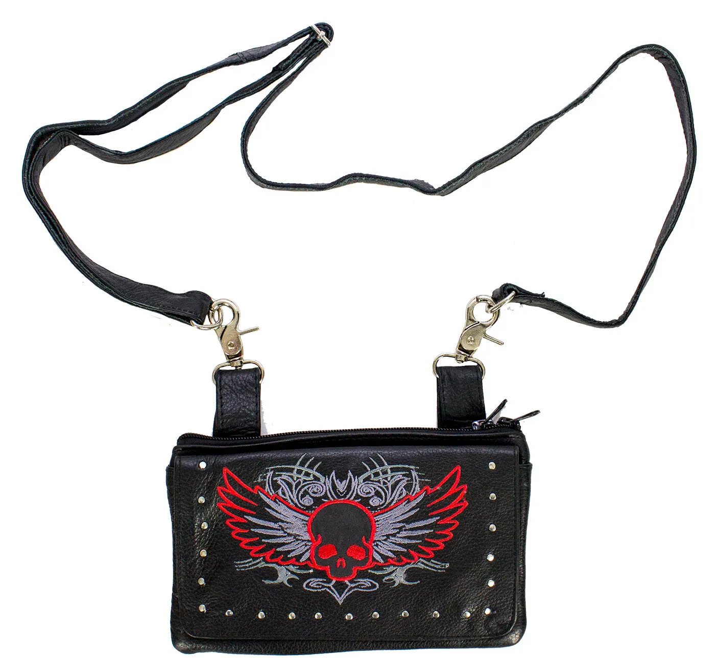 Studded Naked Cowhide Leather Red Skull Belt Bag