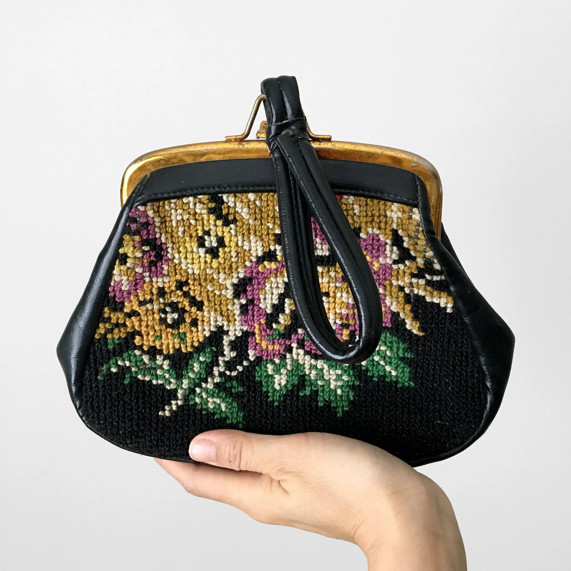 Vintage Black Leather-Strap Floral Needlepoint Clutch Wristlet