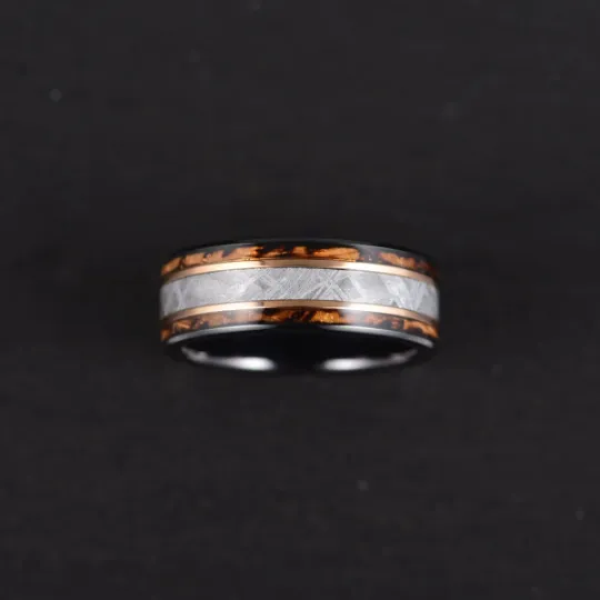 Warrior's Vow Ring - Black Tungsten Charred Whiskey Inlay Meteorite Men's Wedding Band