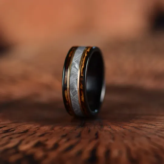 Warrior's Vow Ring - Black Tungsten Charred Whiskey Inlay Meteorite Men's Wedding Band