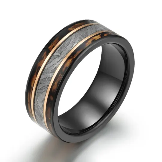 Warrior's Vow Ring - Black Tungsten Charred Whiskey Inlay Meteorite Men's Wedding Band