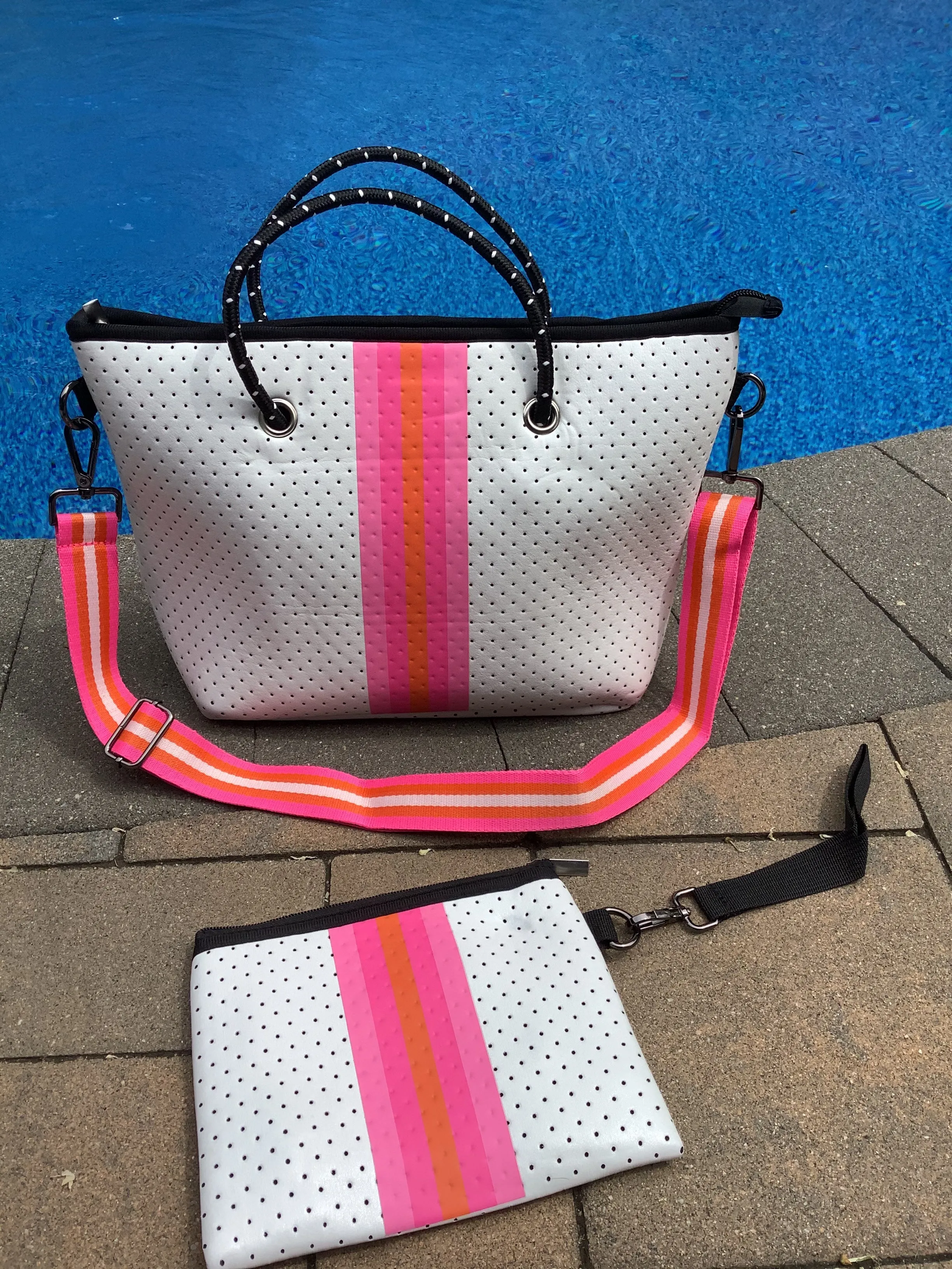 White with Pink & Orange Stripe Mini cross shoulder neoprene bag 🧡💗