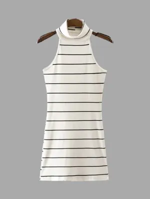 Wholesale Crew Neck Sleeveless Stripe Mini Dresses