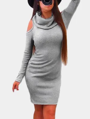 Wholesale Grey Cold Shoulder Pullover Long Sleeve Mini Dress