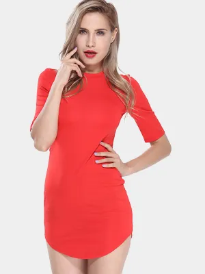 Wholesale Red Crew Neck Half Sleeve Curved Hem Mini Dresses