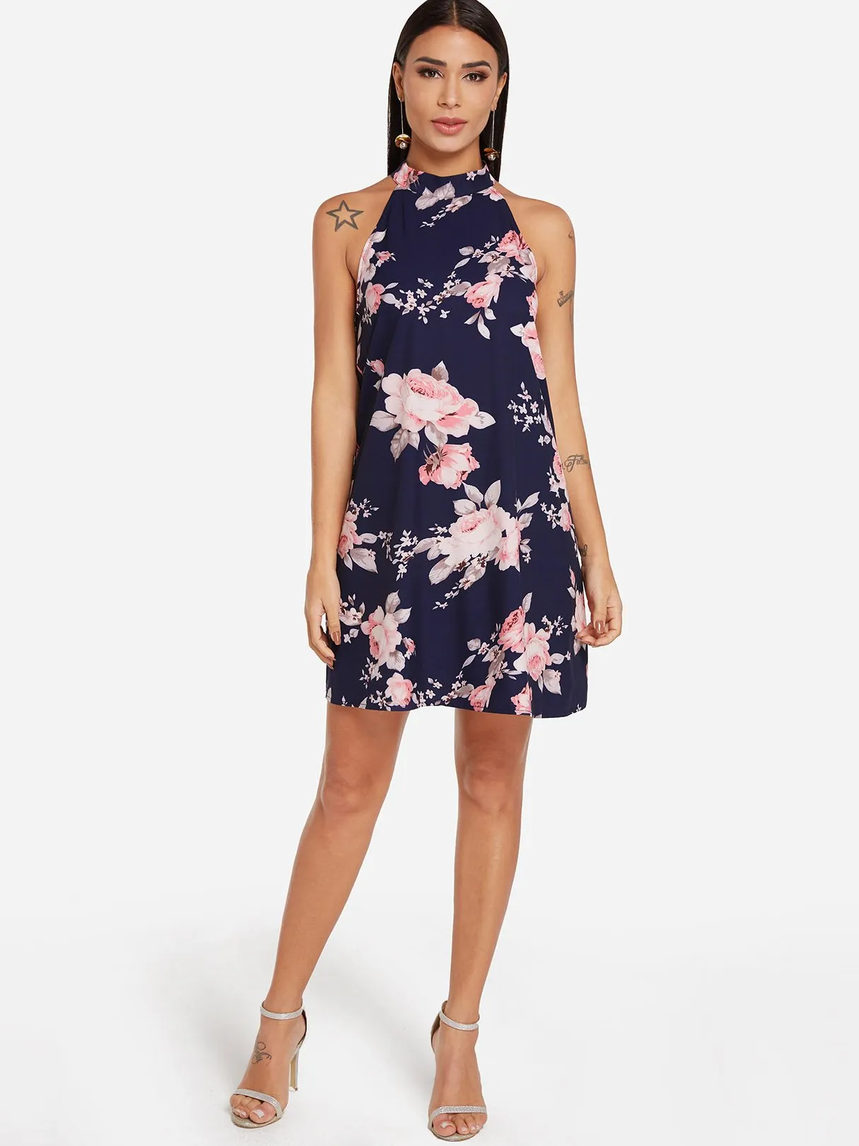 Wholesale Sleeveless Floral Print Lace Zip Back Navy Mini Dress