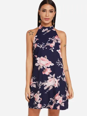 Wholesale Sleeveless Floral Print Lace Zip Back Navy Mini Dress