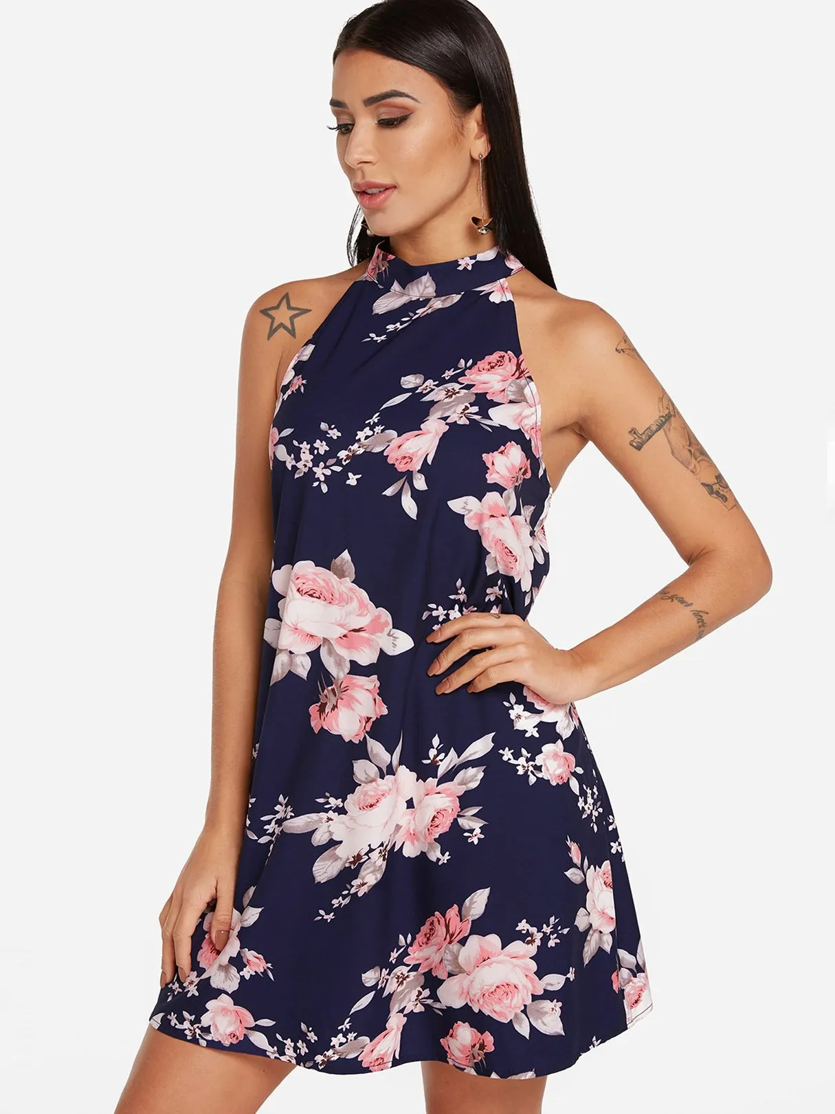 Wholesale Sleeveless Floral Print Lace Zip Back Navy Mini Dress