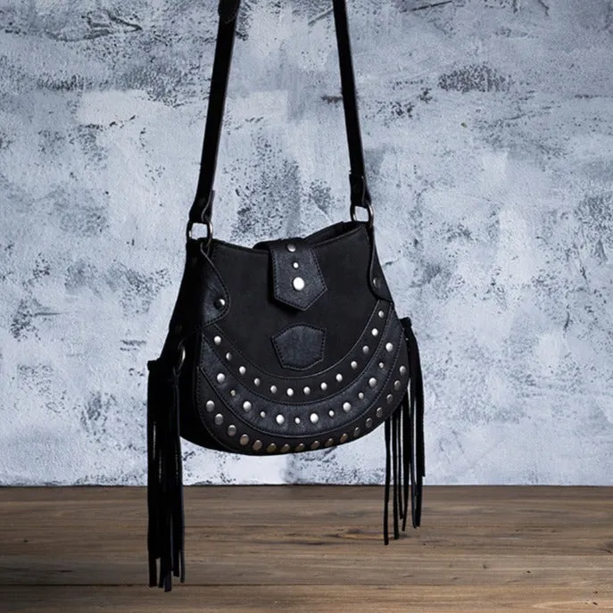 Womens Boho Black Fringe Crossbody Purse Vegan Leather Hippie Bags