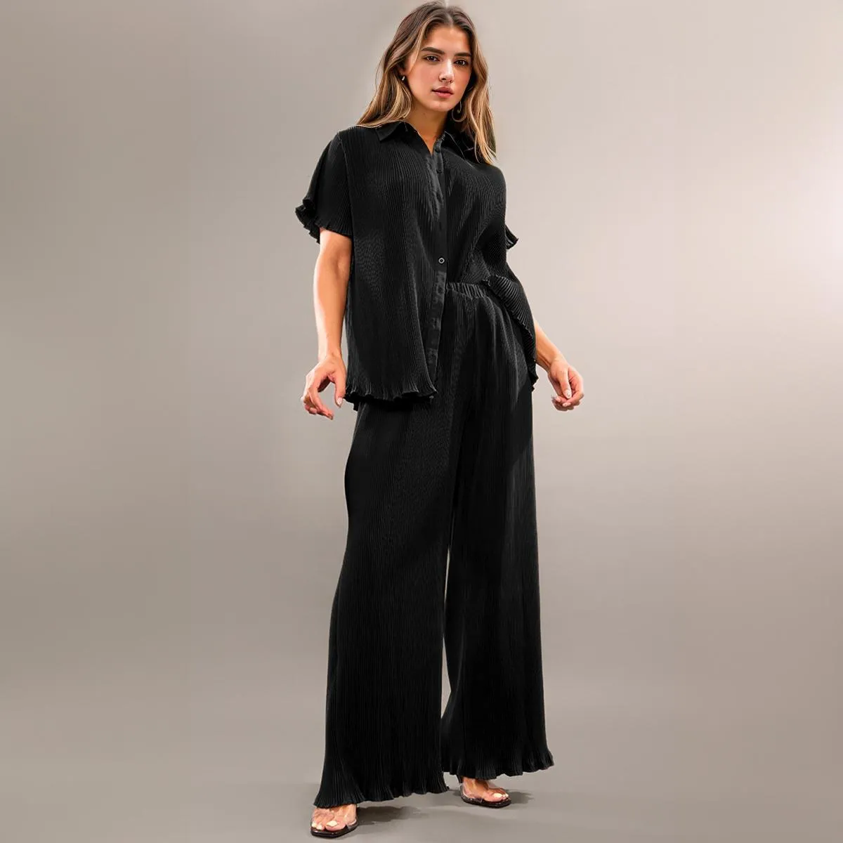 Women's Plain Collared Neck Button Short Sleeve Shirt & Wide Leg Trousers Co-ord